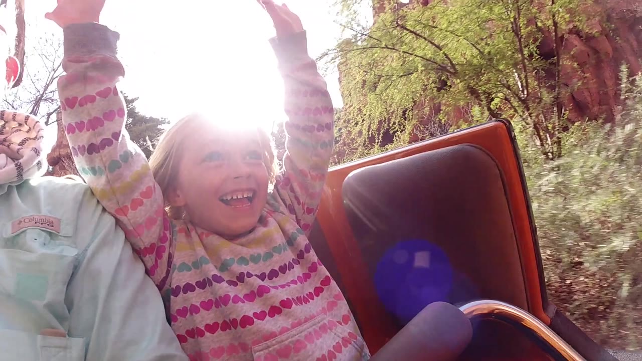 A child in a patterned sweater smiles beside the brown ride seat at Disneyland California, with green trees and reddish rockwork behind and a bright flare near the seat.