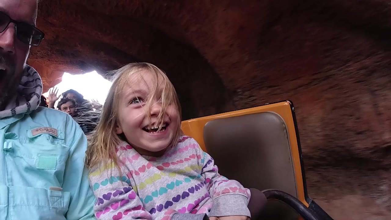 Child smiling upward in a rollercoaster car with an adult beside her.