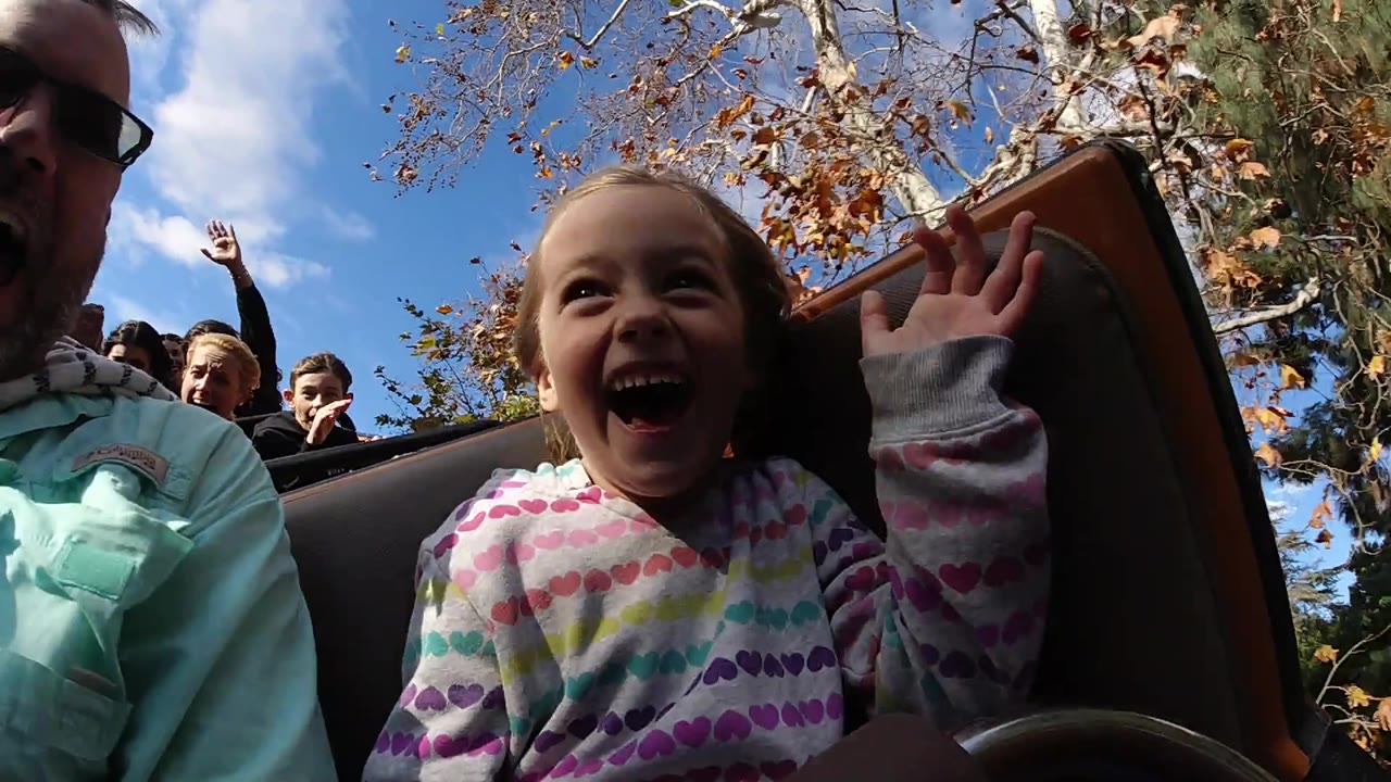 At Disneyland California, the girl's face shifts into partial shade while she laughs, with an adult, other riders, branches, and sky behind her.