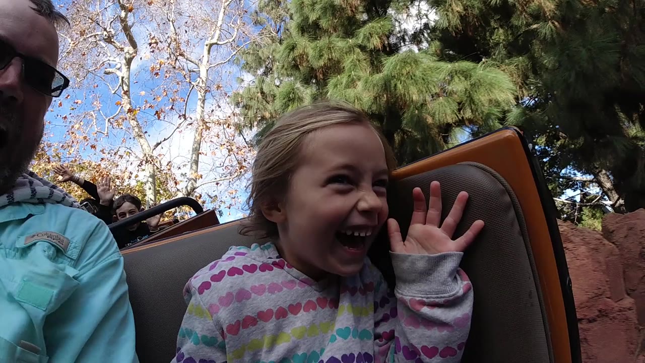 Smiling girl raises her hand beside a ride seatback and trees.