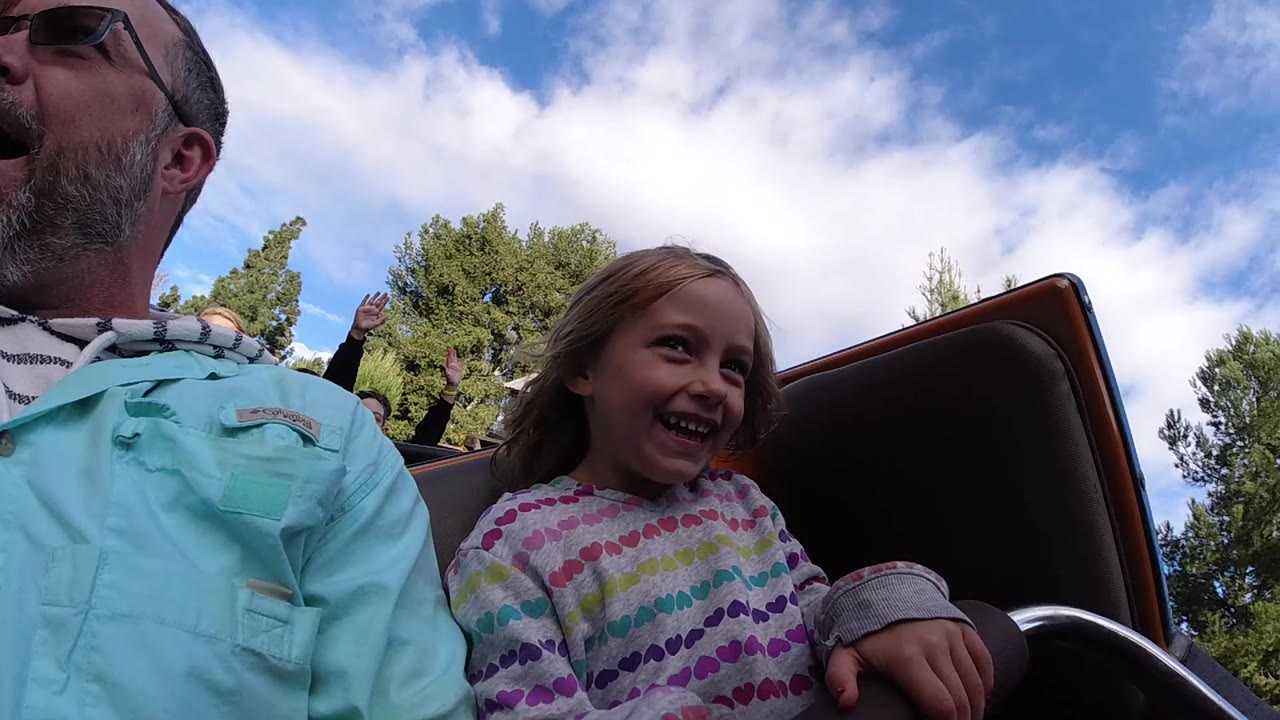 Close-up of a man and girl smiling in a coaster car with trees behind them.