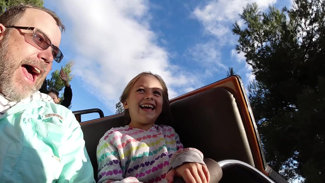 The father and daughter remain in the foreground of the Disneyland California roller coaster car while a raised hand from another rider appears above the seat back.