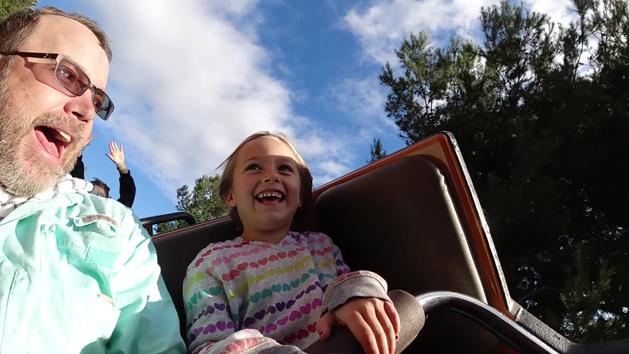 A bright sunny frame shows the father cropped at left and the young girl smiling at right in the Disneyland California roller coaster car, with dark trees behind the seat.