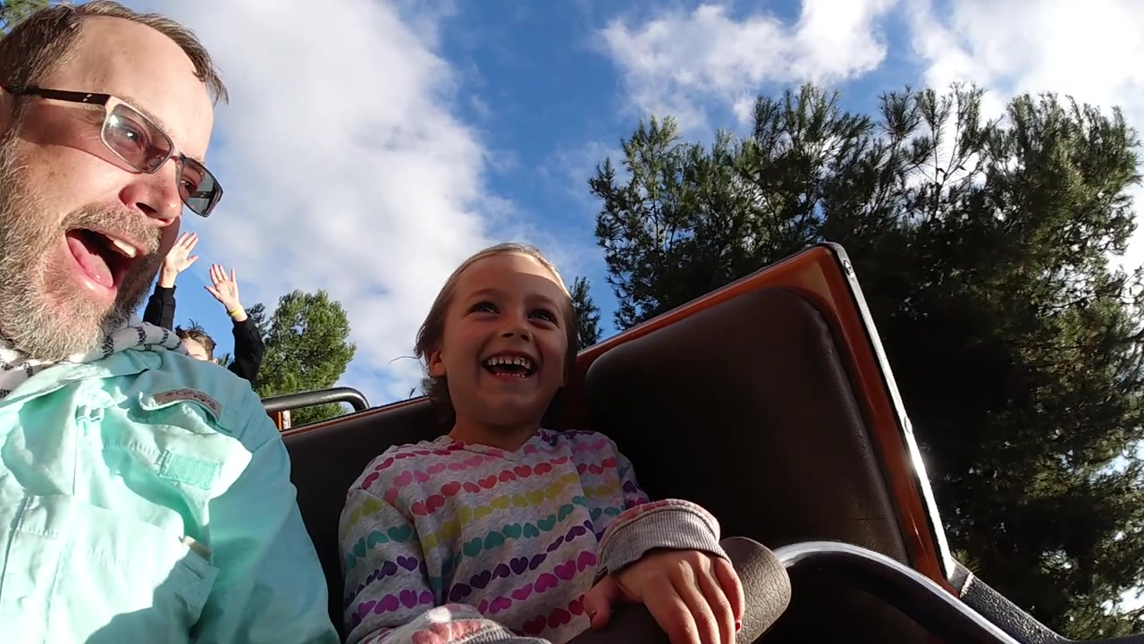 Father and daughter laughing as the coaster car tilts through sun and shade.