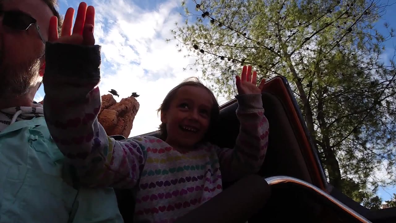 A close onboard view shows the adult partly cropped at left and the girl raising both hands, with backlit trees, blue sky, clouds, and the ride seat framing the Disneyland California scene.