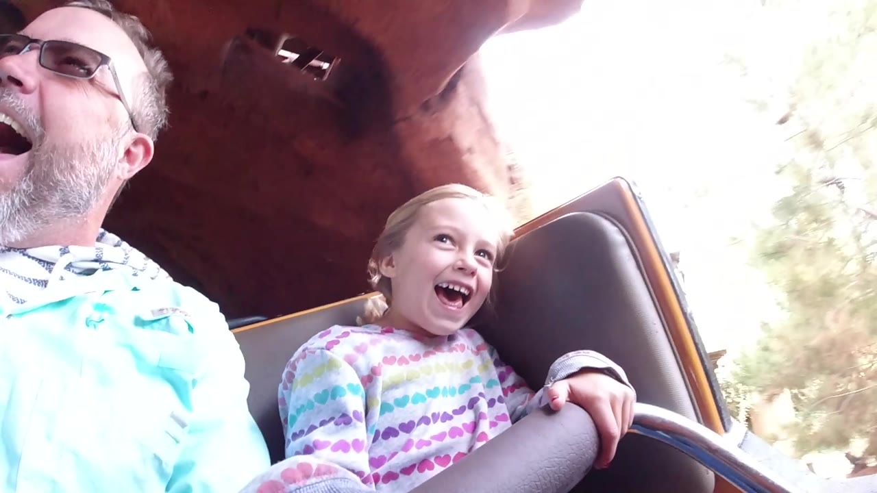Adult man and girl on ride with bright outdoor background.