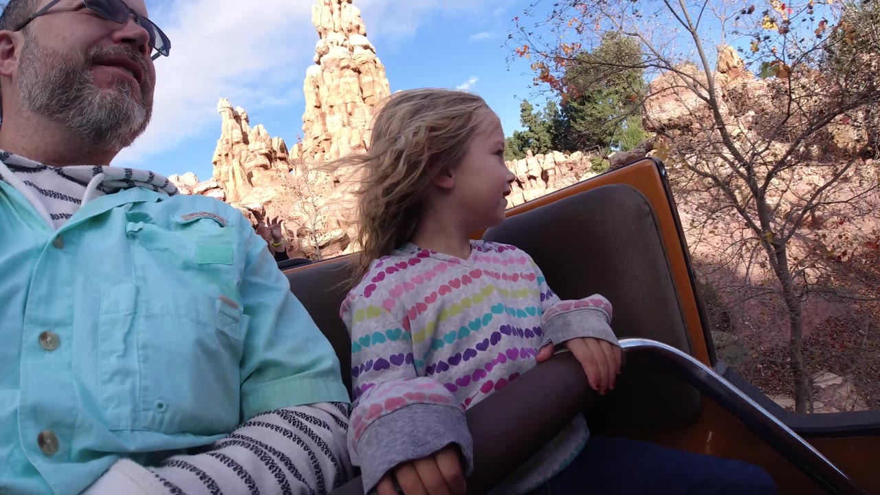 Young girl looks sideways from a roller coaster car beside her father.