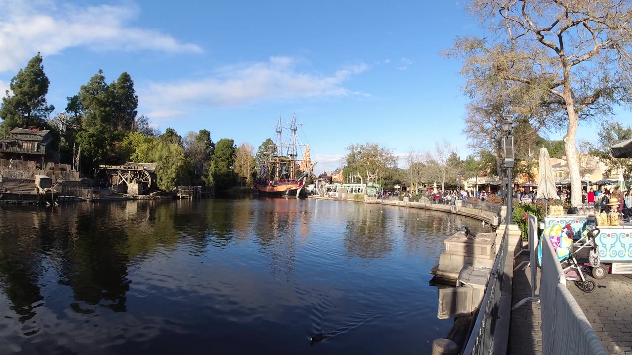 At Disneyland California, the frame holds on reflective water with shadowed trees at left, the walkway railing at right, and small distant visitors near the far shoreline.