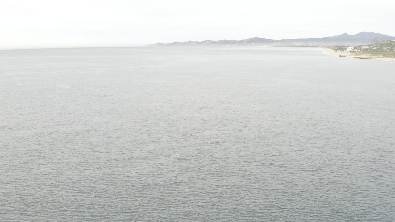 At 0:03, the aerial view shifts to more open water in the foreground, a distant Baja California Sur headland and mountains remain near the horizon, and no visible people appear.