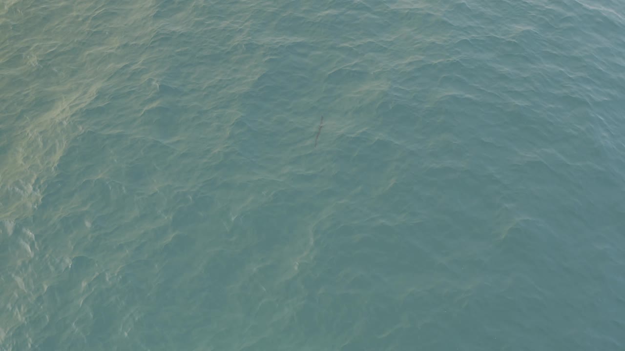Blue-green water fills the Baja California Sur frame, with pale streaks concentrated along the upper left and a darker narrow mark near the right side, with no visible people.