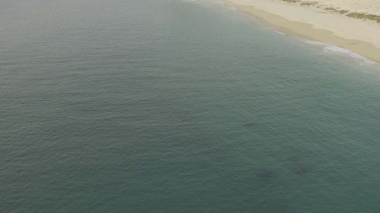 Aerial coastline view in Baja California Sur with turquoise water, a curving pale beach, low dunes, sparse vegetation, and no visible people.