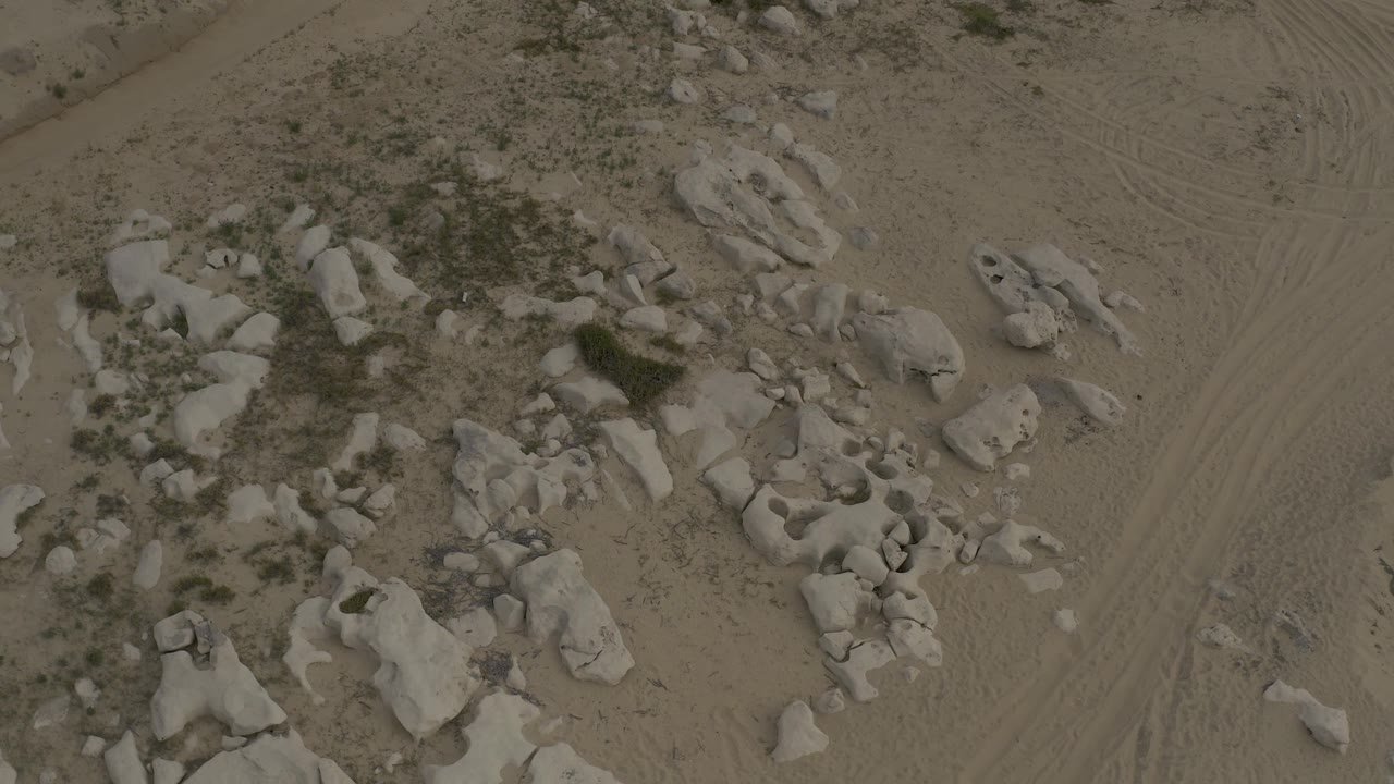 Top-down rocky desert surface with sand tracks and scrub.