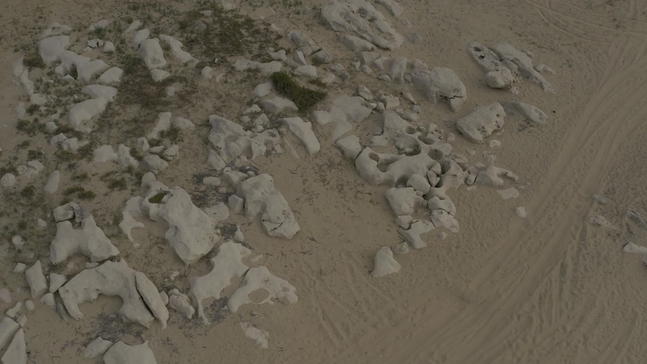 Overhead view of pale rocks, scrub, and sandy ground with tire tracks.