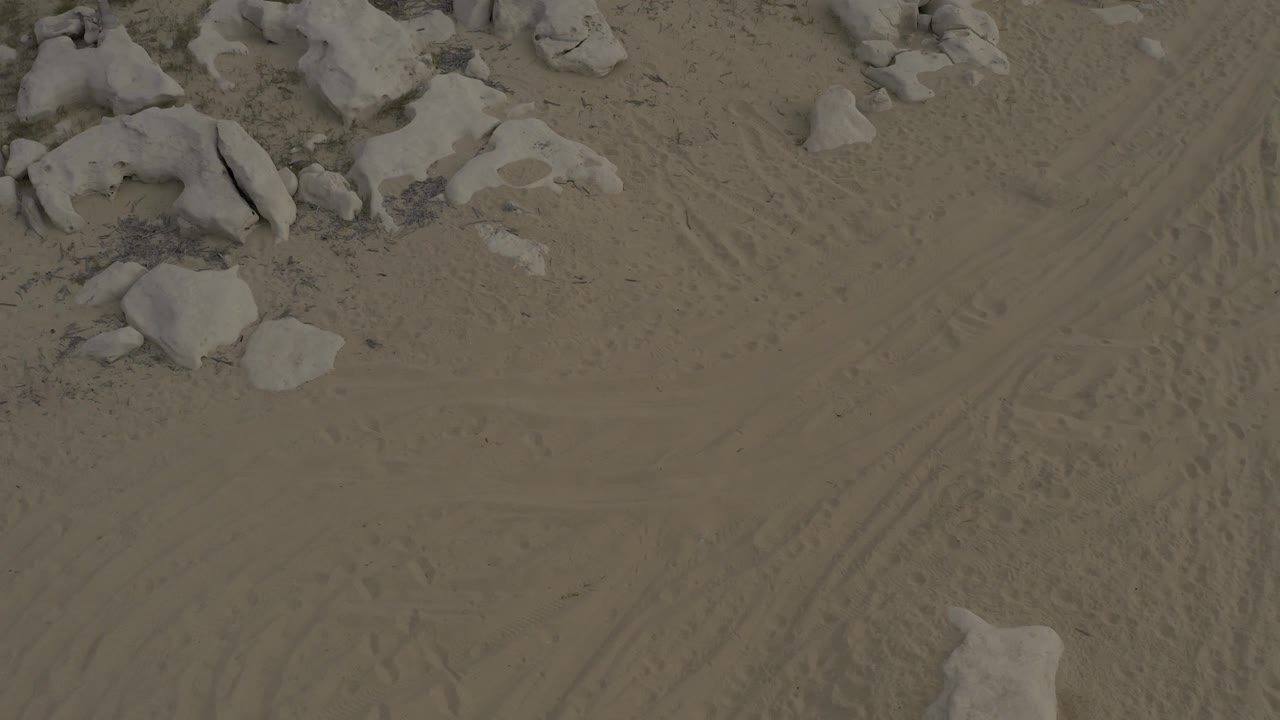 Pale boulders at the edge of a sandy track-marked area.