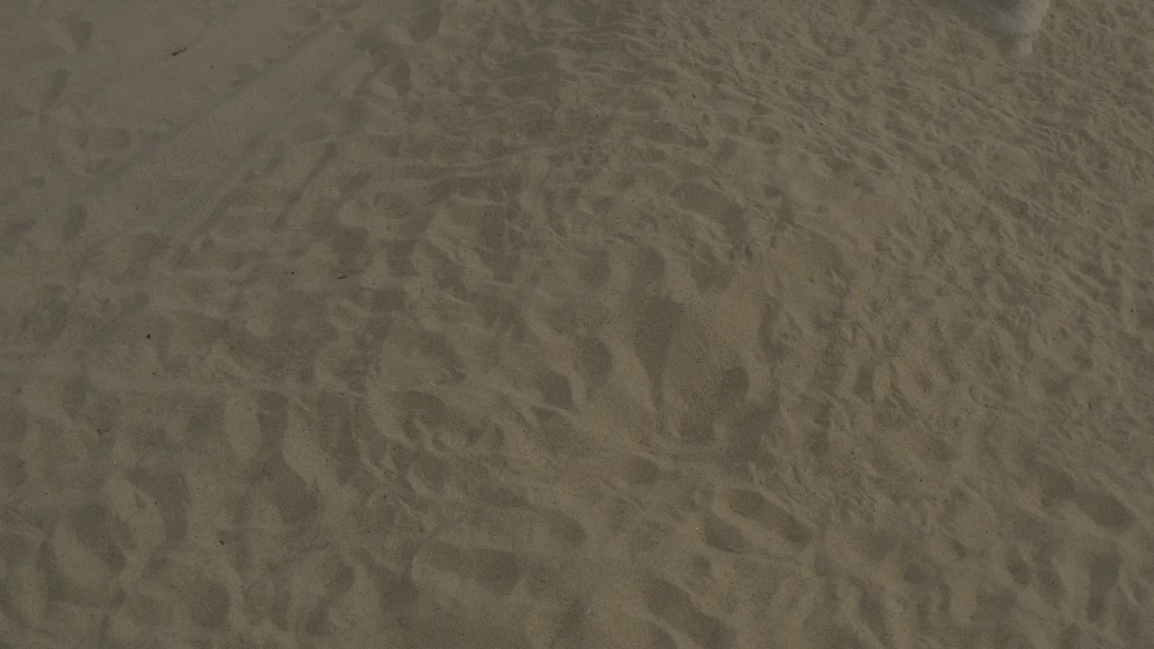A second close frame shows overlapping footprint marks and wind-shaped sand texture on a Baja California Sur beach, with no visible people.