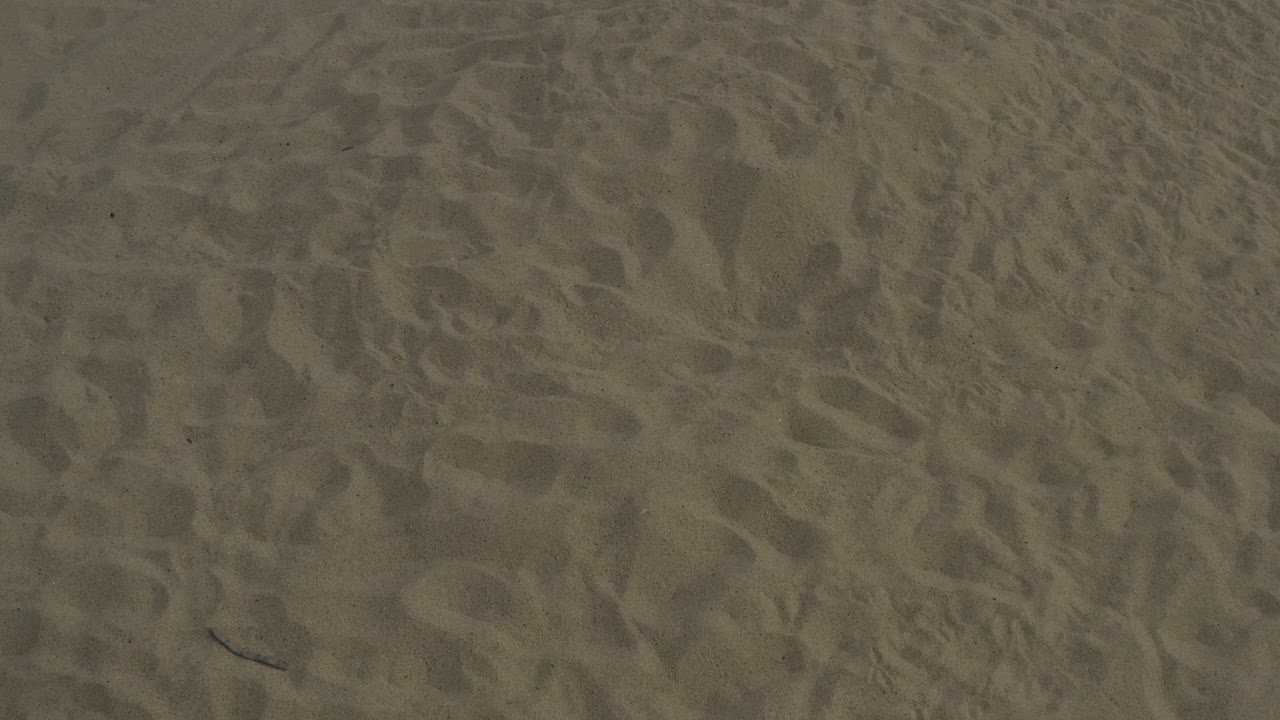 Footprint imprints and uneven beach sand fill the frame in Baja California Sur, Mexico, with no visible people or structures.