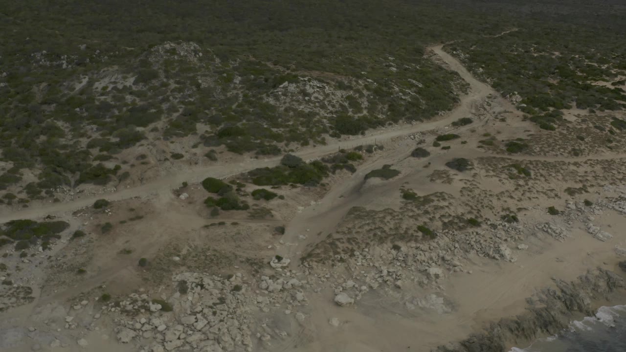 Aerial view in Baja California Sur, Mexico with the road bending across pale sand, scattered rocks, green shrubs, and no visible people.