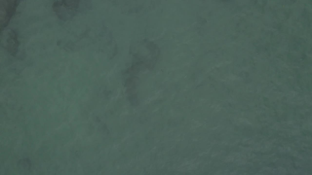 A direct top-down view of shallow green-blue water in Baja California Sur, Mexico, where soft reef shadows sit below the surface and no visible people appear.