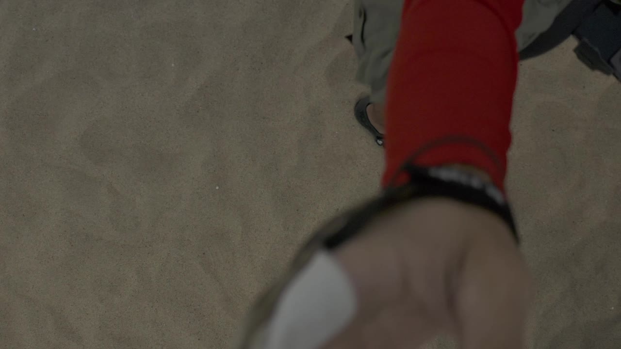 Red-sleeved arm and hand above sand with pale rocks at the edge of frame.