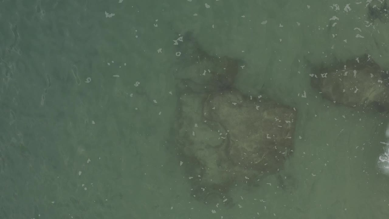 Submerged reef blocks under cloudy green water.