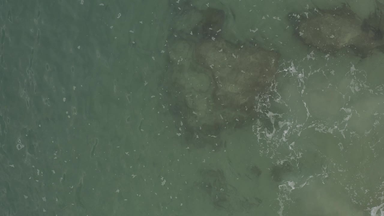 Overhead view of shallow green-blue water in Baja California Sur, Mexico, with darker submerged patches near the upper frame and no visible people.