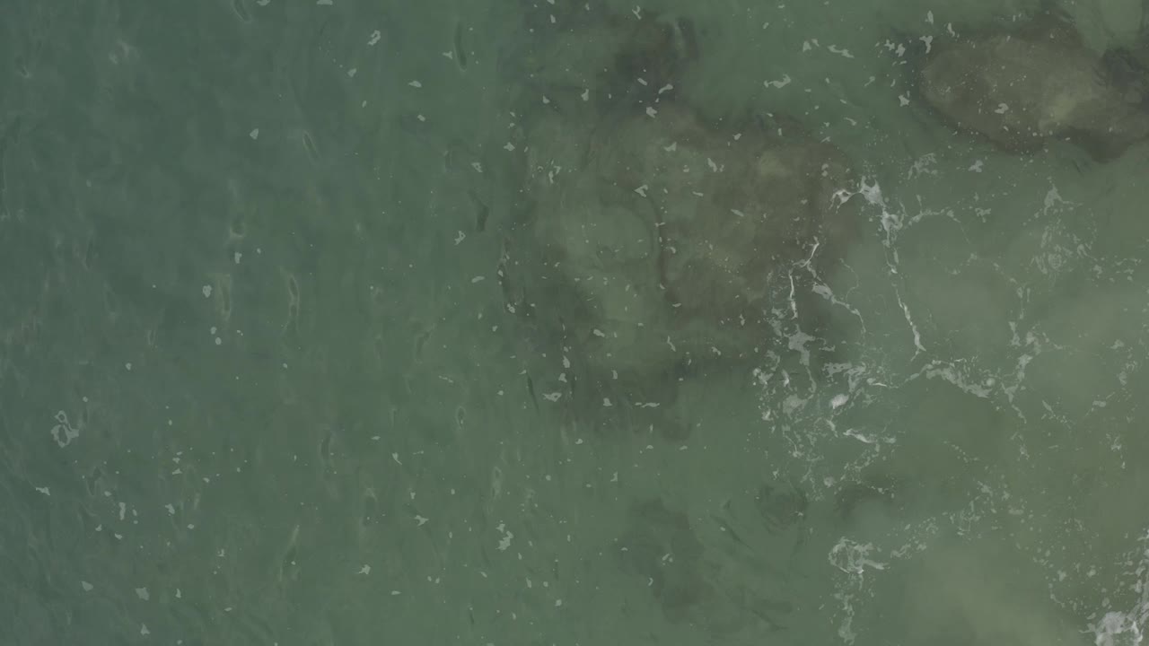 Top-down view of green tropical water in Baja California Sur, Mexico, with pale surface ripples and shadowed seabed areas, with no visible people.