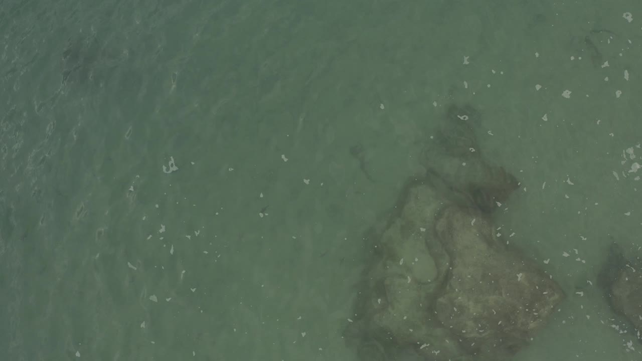 Top-down view of green-blue seawater over a dark submerged rock shape and pale sand in Baja California Sur, Mexico, with no visible people.