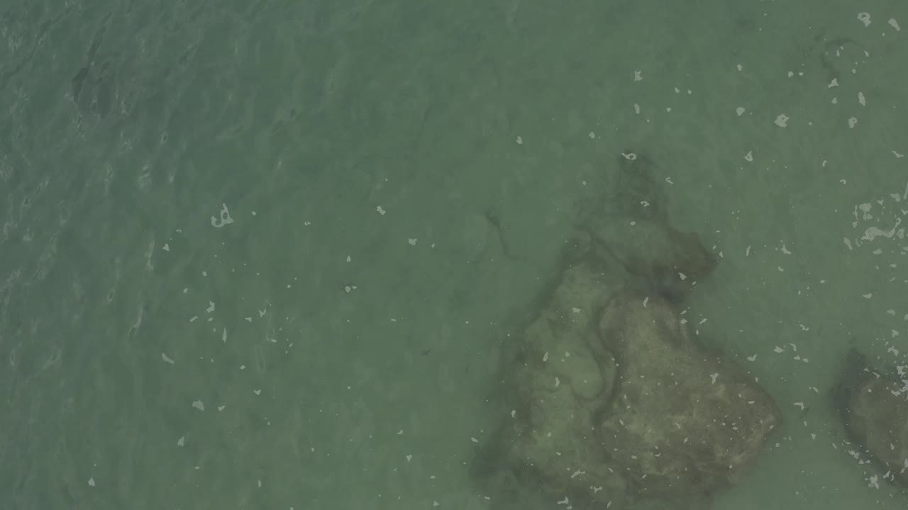 Top-down Baja California Sur water detail with a dark rock patch near the lower right, muted sand below the surface, and no visible people.