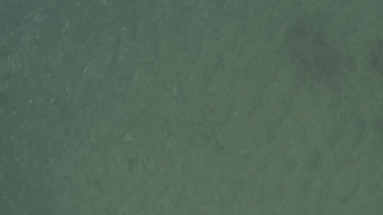 Aerial frame of muted green-blue sea surface in Baja California Sur, Mexico, with soft diagonal wave streaks and no visible people.