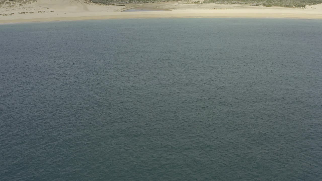 Aerial frame over blue-green water toward a Baja California Sur beach backed by muted green scrub and low dunes, with no visible people.