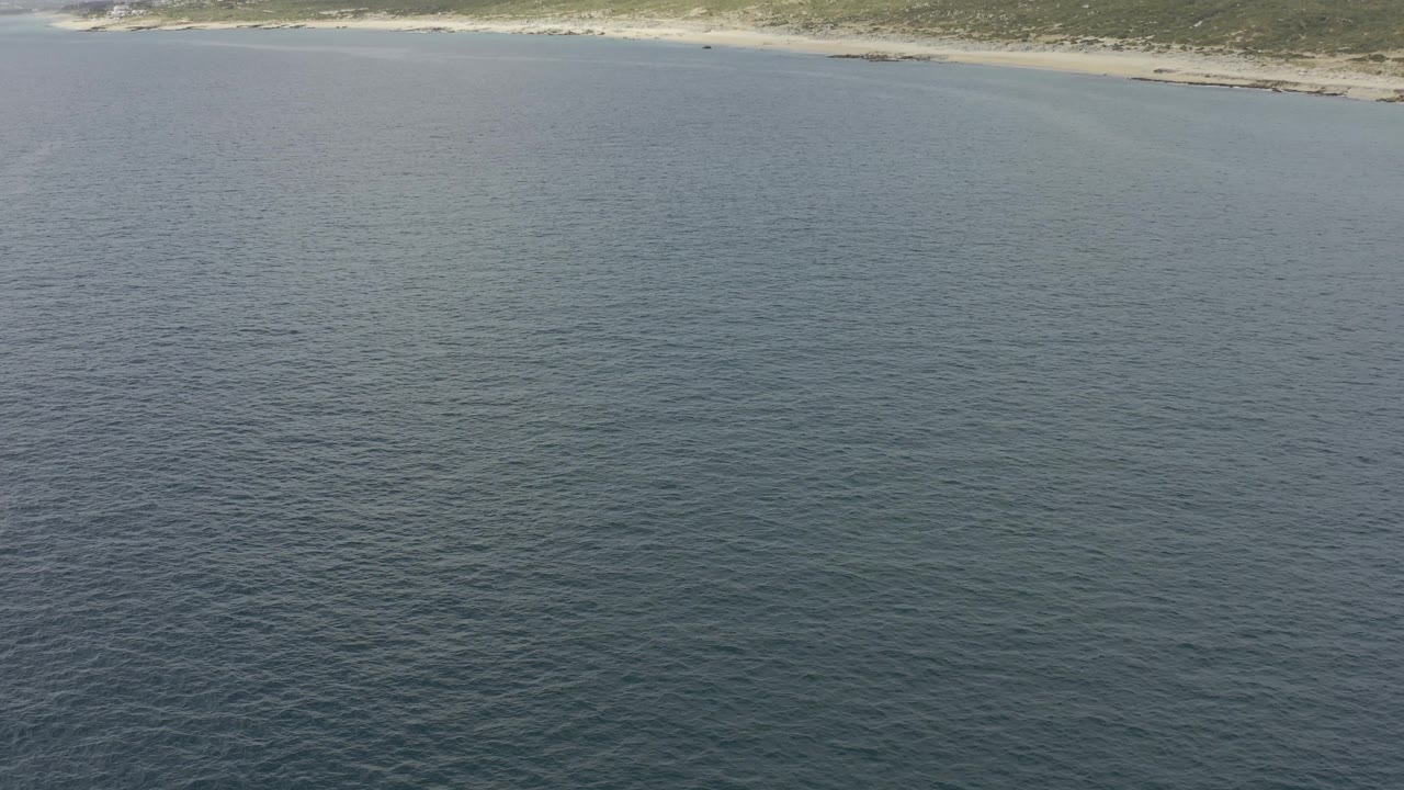 Aerial coastline view with open water, sandy beach, and scrub-covered hills