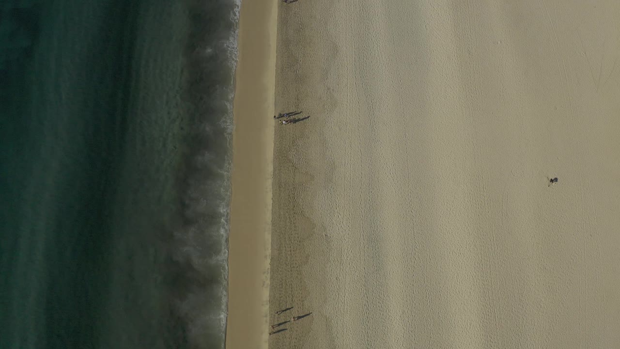 Overhead coastal frame with water, surf, and uninterrupted sandy beach.