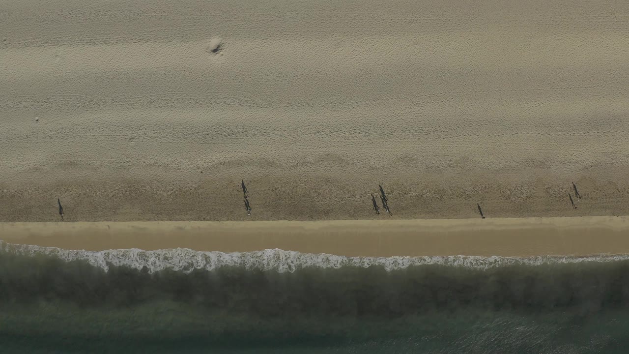 Aerial shoreline with beach walkers and foamy wave edge