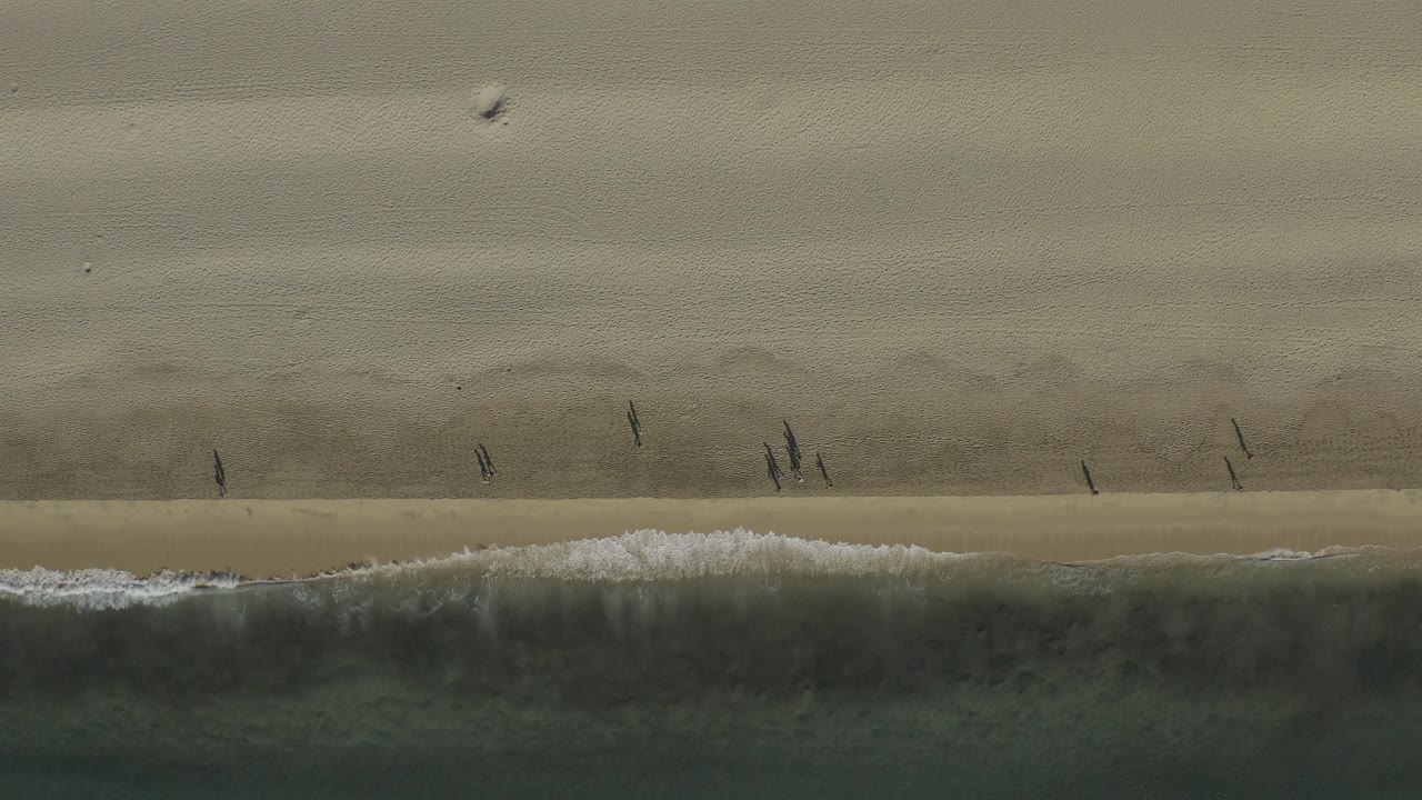 Overhead shoreline with a broader white wave breaking on sand.