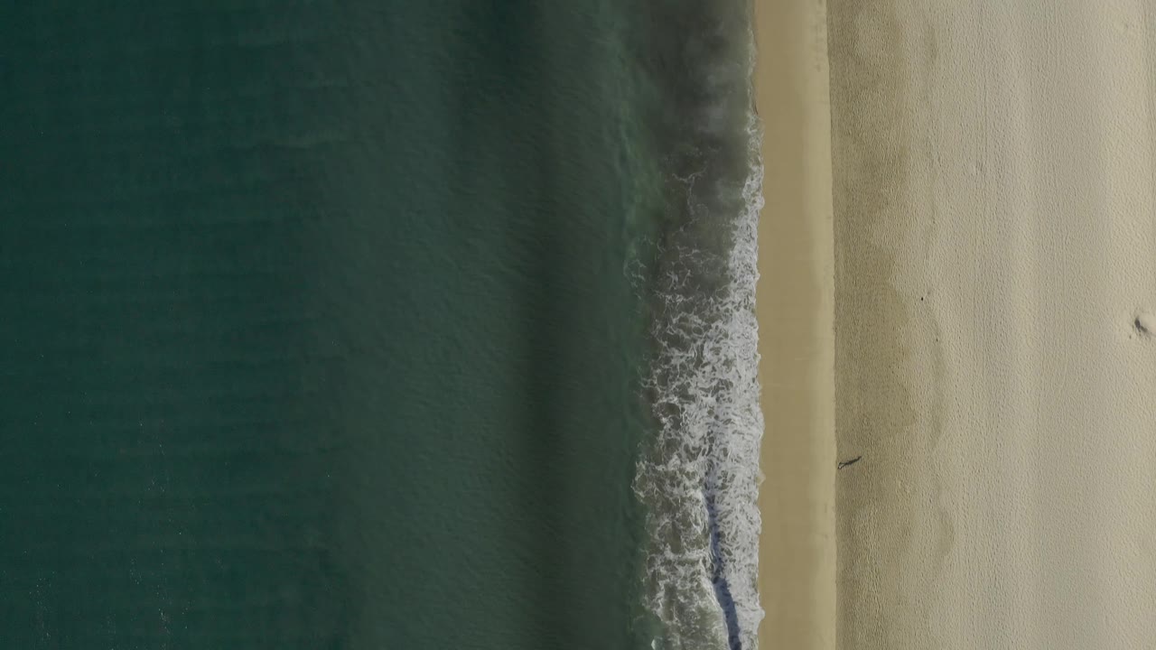 Aerial beach view with surf line and small dark marks on sand.
