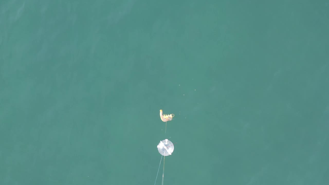 Top-down Baja California Sur ocean view with the pale suspended object and bright circular float set against smoother turquoise water, with no visible people.