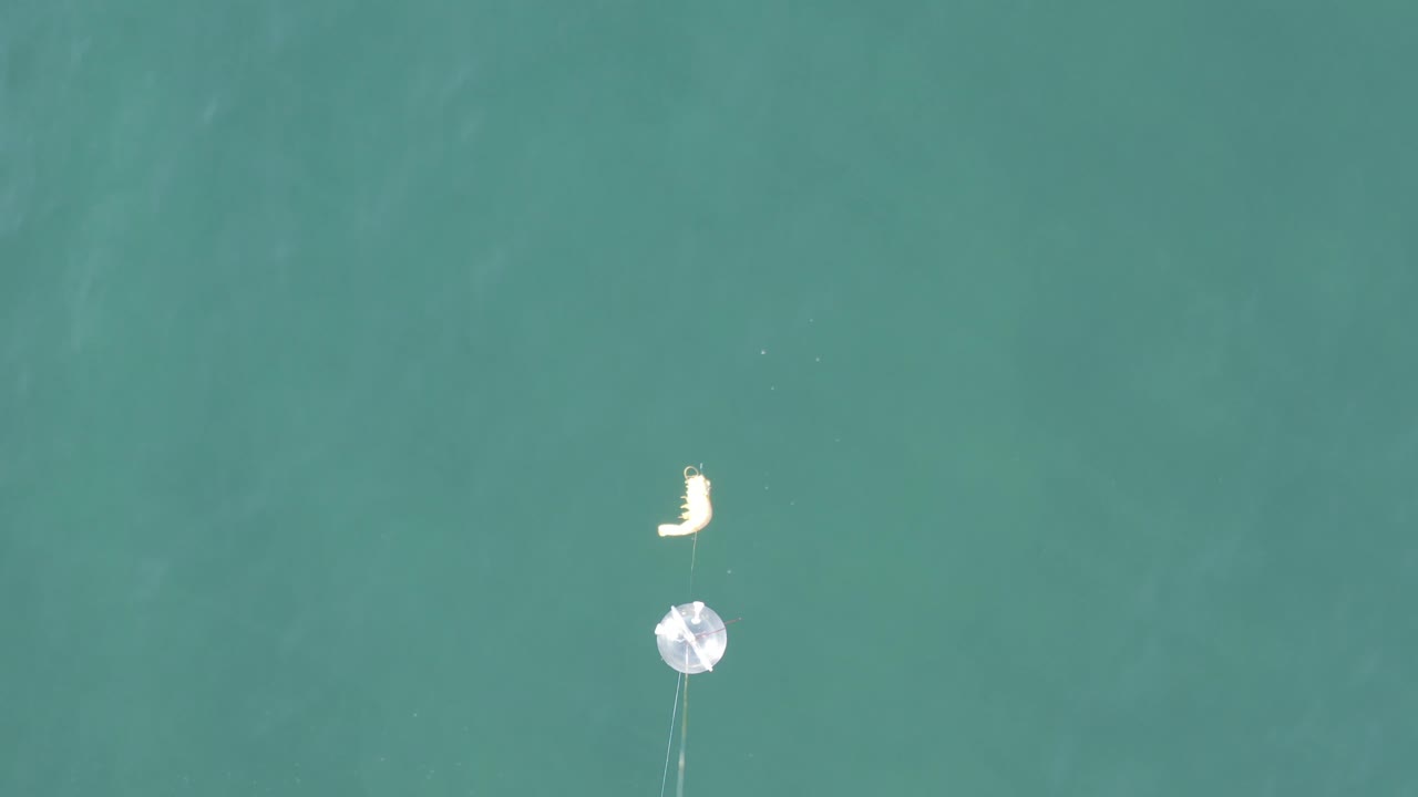 Floating trash appears near the top of the overhead frame above a round reflective object in turquoise Baja California Sur water, with no visible people.