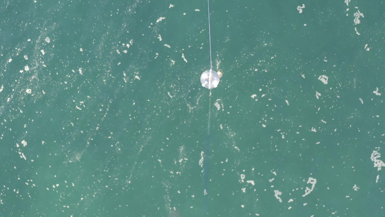 Teal water surface in Baja California Sur, Mexico, with scattered foam, a suspended white cotton ball slightly right of center, and no visible people.