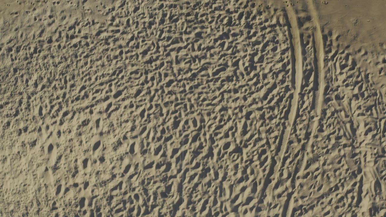 Overhead view of rippled sand and curving tire tracks.