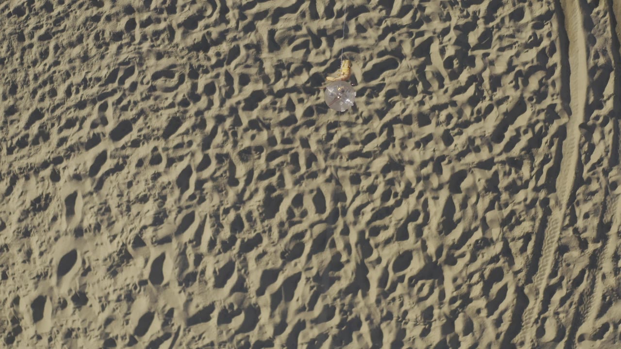 Pale object and small yellow detail above rippled desert sand.