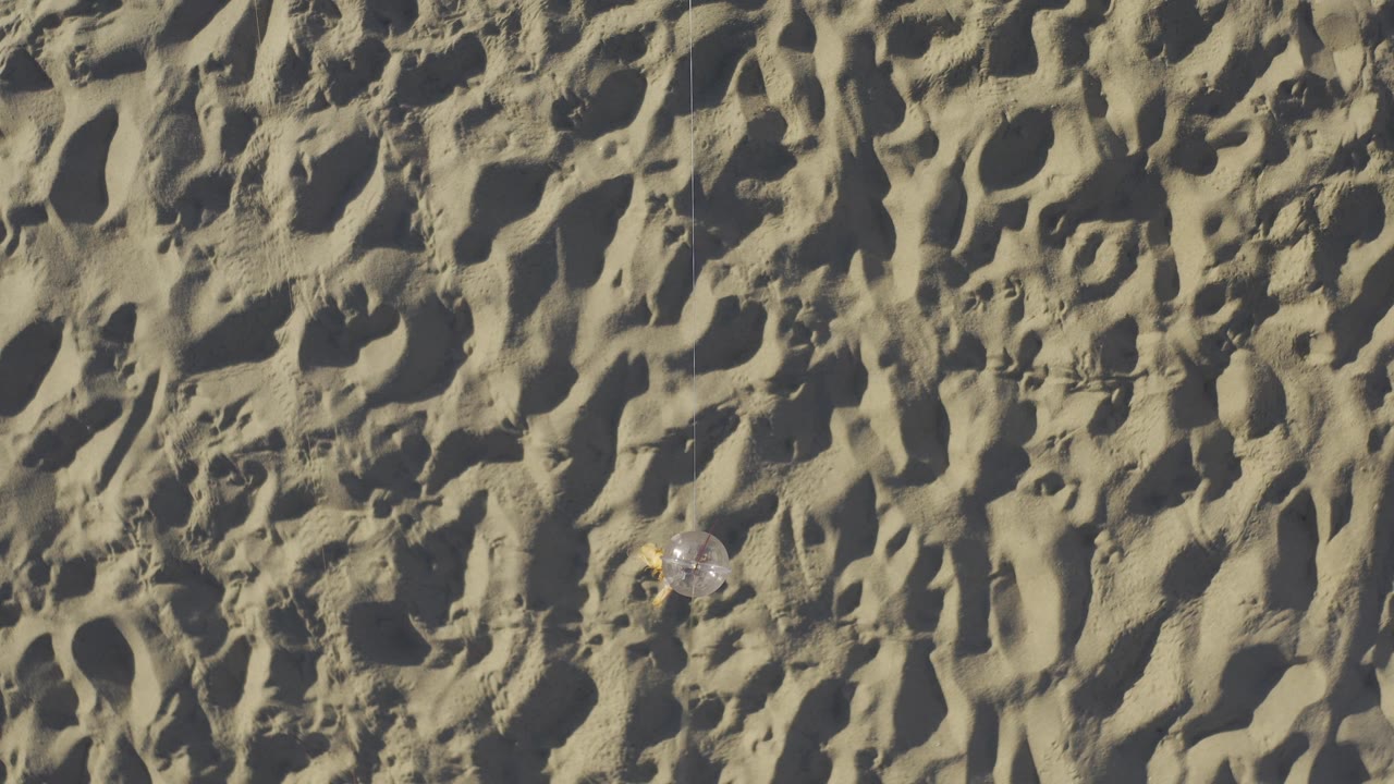 Warm overhead view of Baja California Sur sand with irregular footprints, long shadow pockets, a small clear ball near the upper right area, and no visible people.