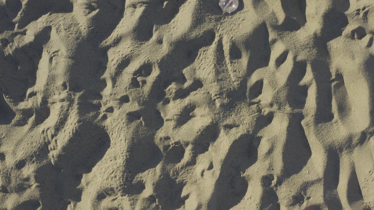 Overhead frame of pale beach sand in Baja California Sur, Mexico, showing footprint-like depressions, raised ridges, and dark shadow pockets with no visible people.