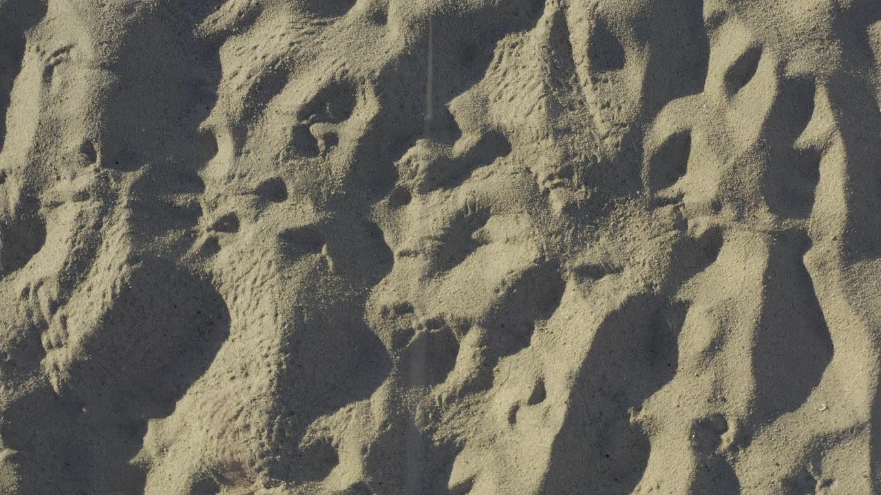 Close overhead frame of pale sunlit sand in Baja California Sur, Mexico, marked by footprints, shallow depressions, and dark side shadows, with no visible people.