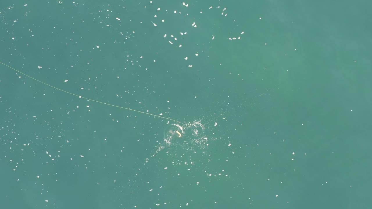 The overhead Baja California Sur frame catches a brighter splash and circular surface disturbance around the line in blue-green water, with no visible people.