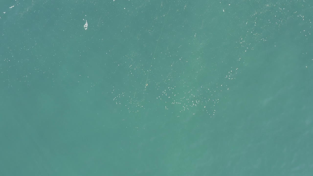 Open turquoise water in Baja California Sur, Mexico, seen from above with a thin diagonal line of white surface disturbance and no visible people.