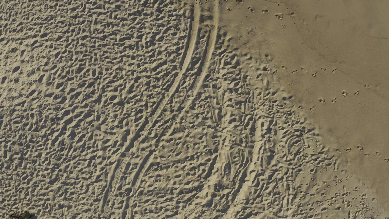 Overhead view in Baja California Sur, Mexico, with long narrow grooves near the center, tightly packed ripples around them, smoother tan ground at the edge, and no visible people.