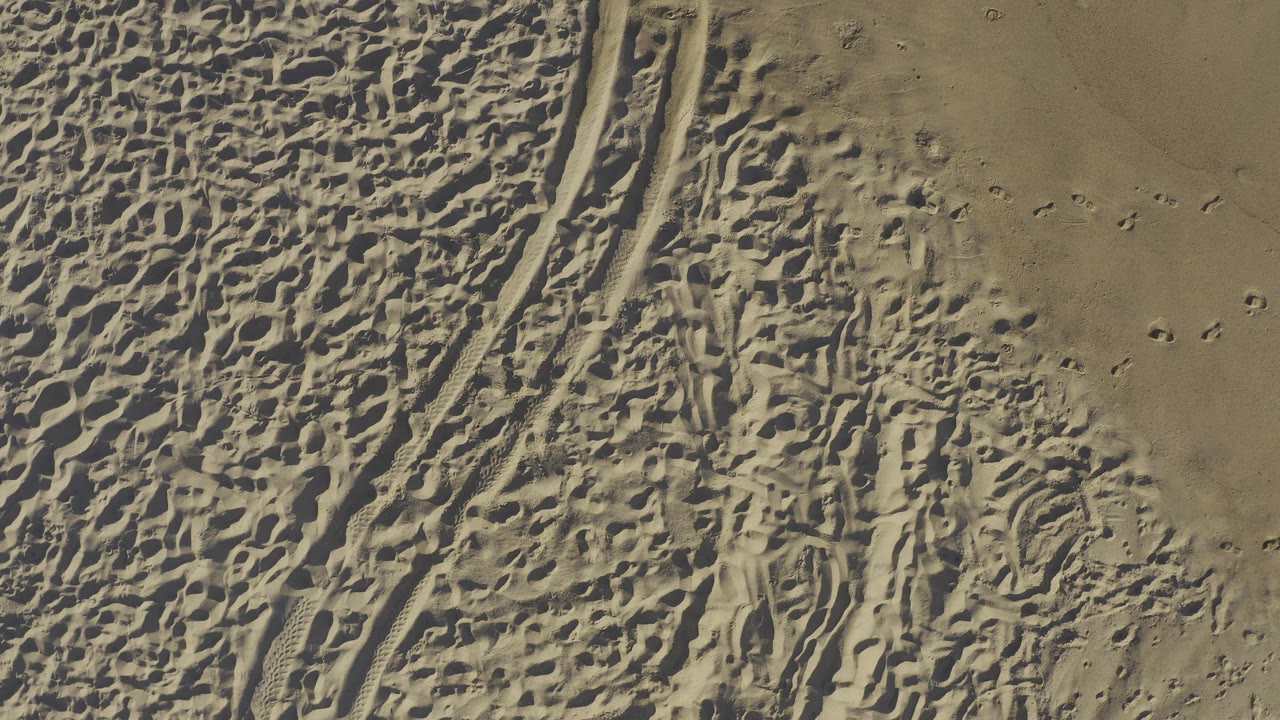 Top-down Baja California Sur beach frame with vehicle ruts on the left, a rough field of footprints across the middle, smoother sand at right, and no visible people.