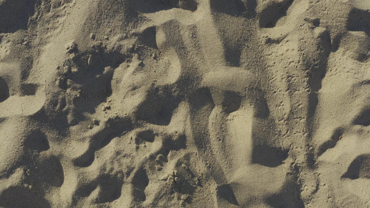 Tight beach-sand detail in Baja California Sur, Mexico, with overlapping footprints, rough grains, and shadowed impressions, no visible people.
