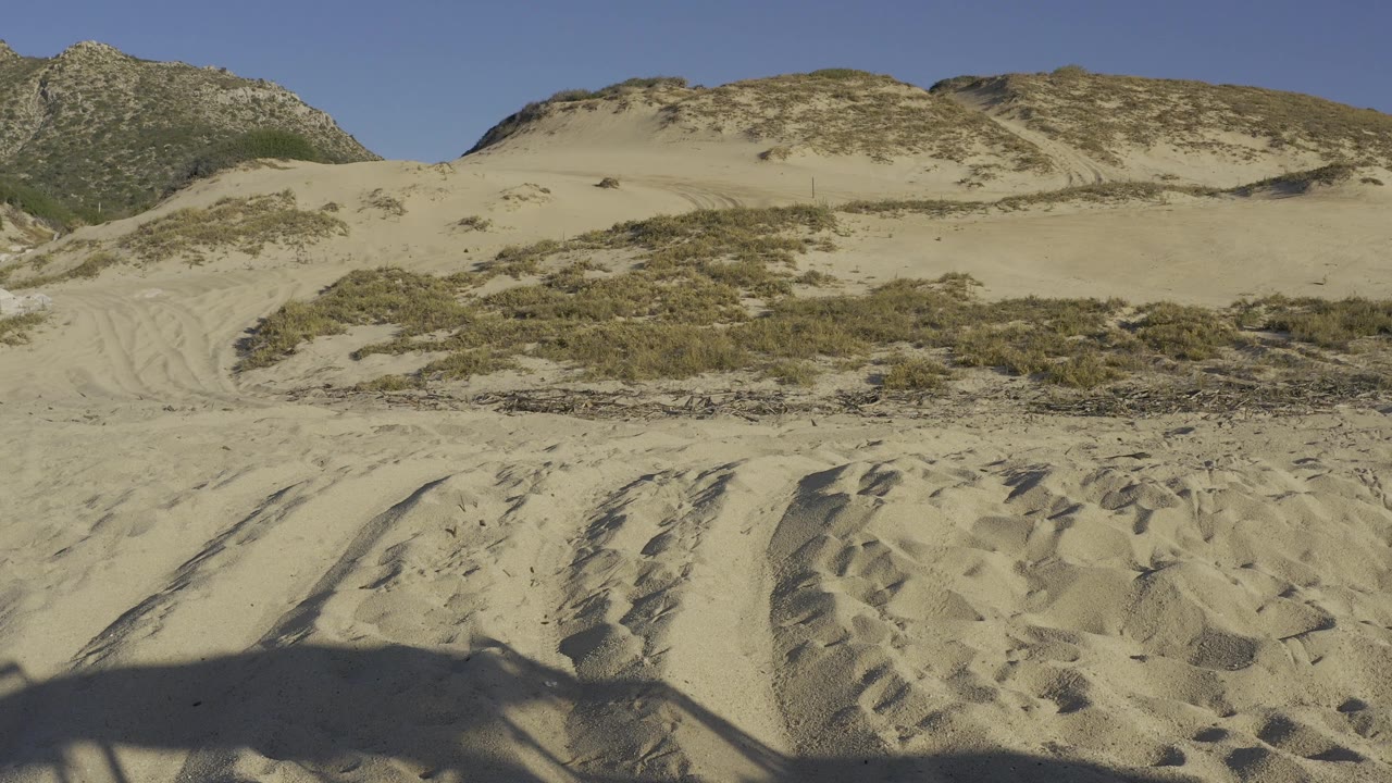 Wide dune landscape with scrub and aircraft shadow