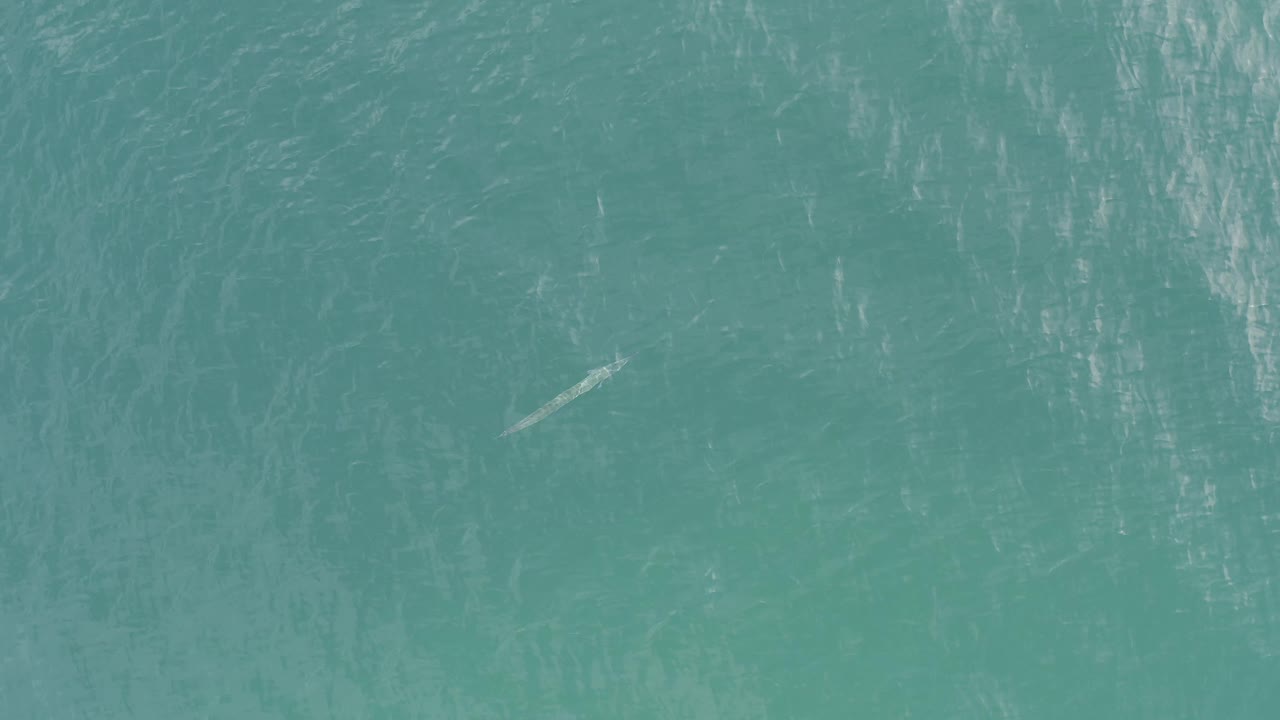 Overhead Baja California Sur, Mexico frame with a small fish-like shape under teal water and stronger reflective streaks, with no visible people.